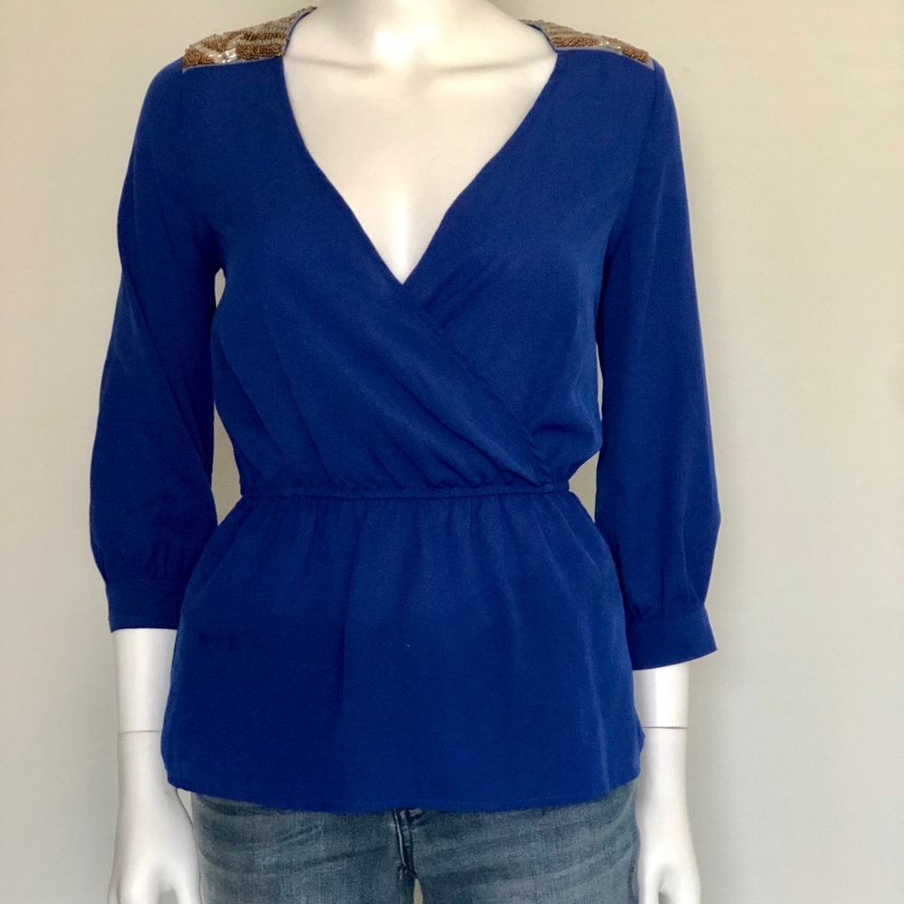 XOXO Long Sleeve Sequin Wrap Style Royal blue Top